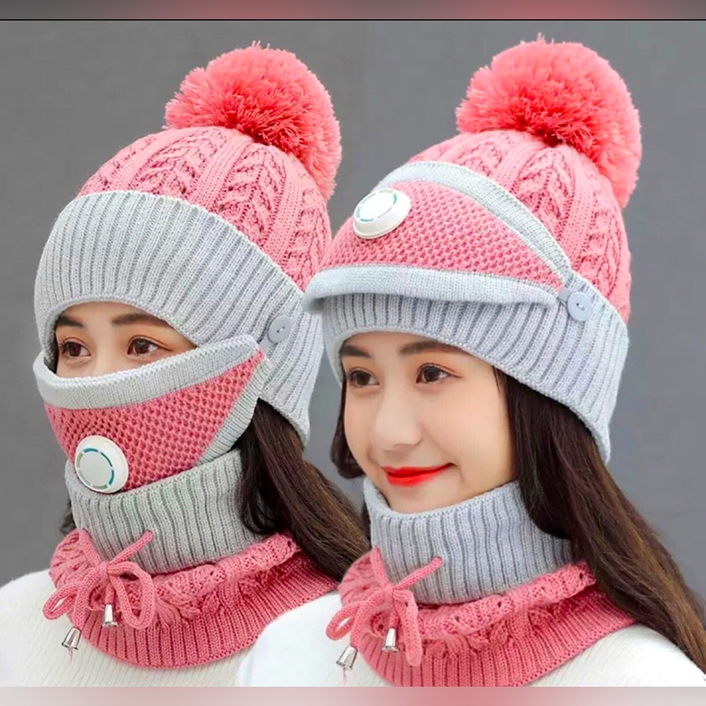 Hot winter knit beanie 3 in 1 women hat scarf and nose mask set